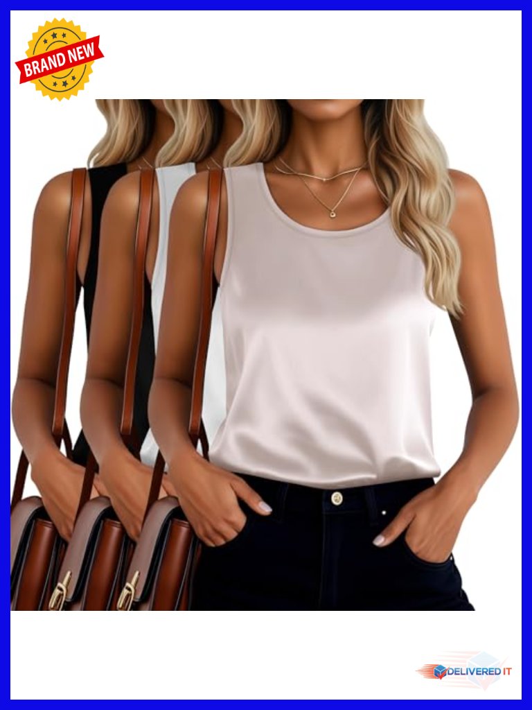 3 Pack Women's Satin Tank Tops Silk Camisole Sleeveless Scoop Neck Work